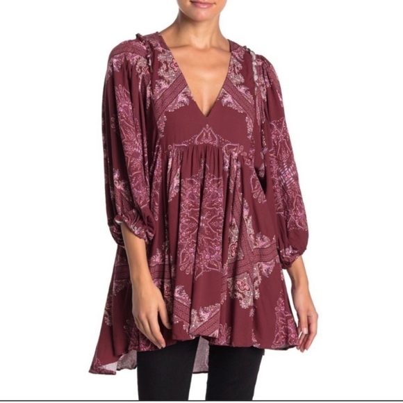 Free People Girl Talk Burgundy Tunic Top Paisley Balloon Sleeves Size XS Boho - Picture 2 of 9
